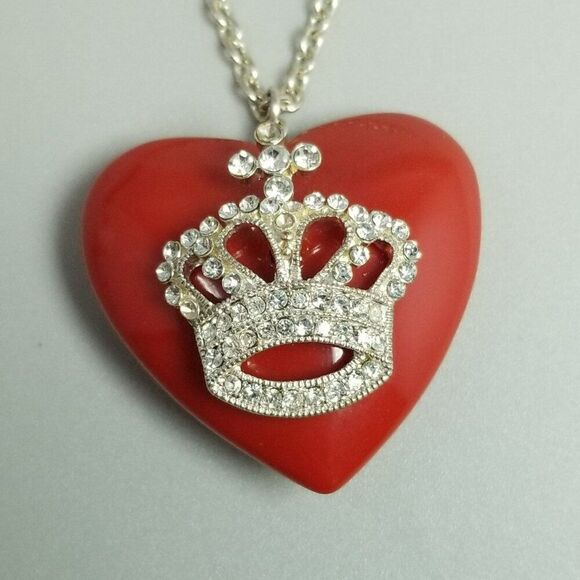 Vintage Red Heart with Rhinestone Crown Pendant and Long Chain Adjustable Length - Picture 3 of 10